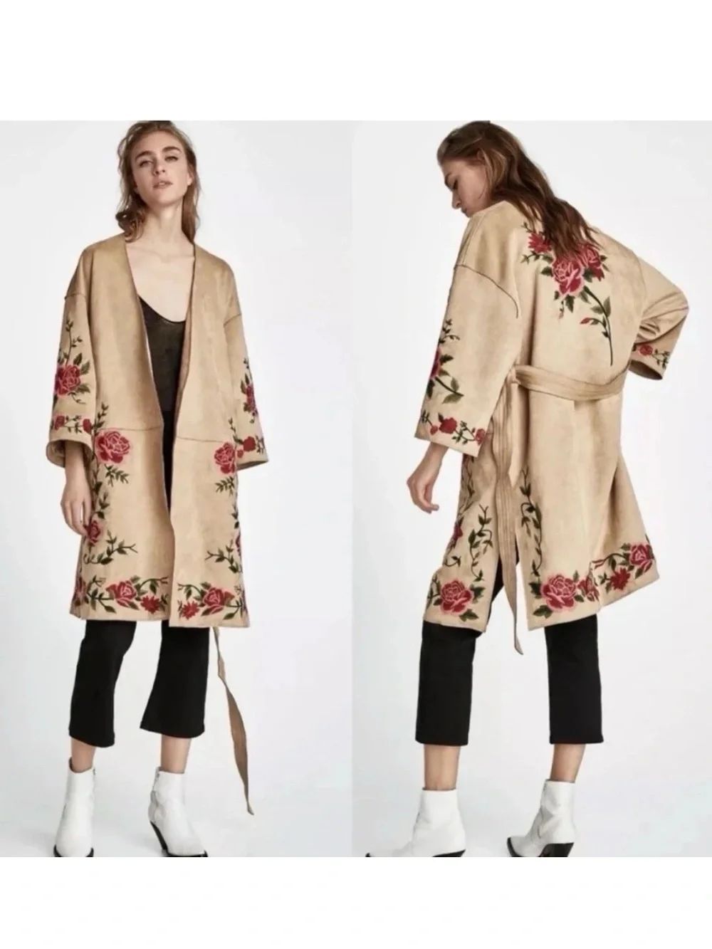 Zara Beige Suede Coat with Red Rose Embroidery Belt Sz M